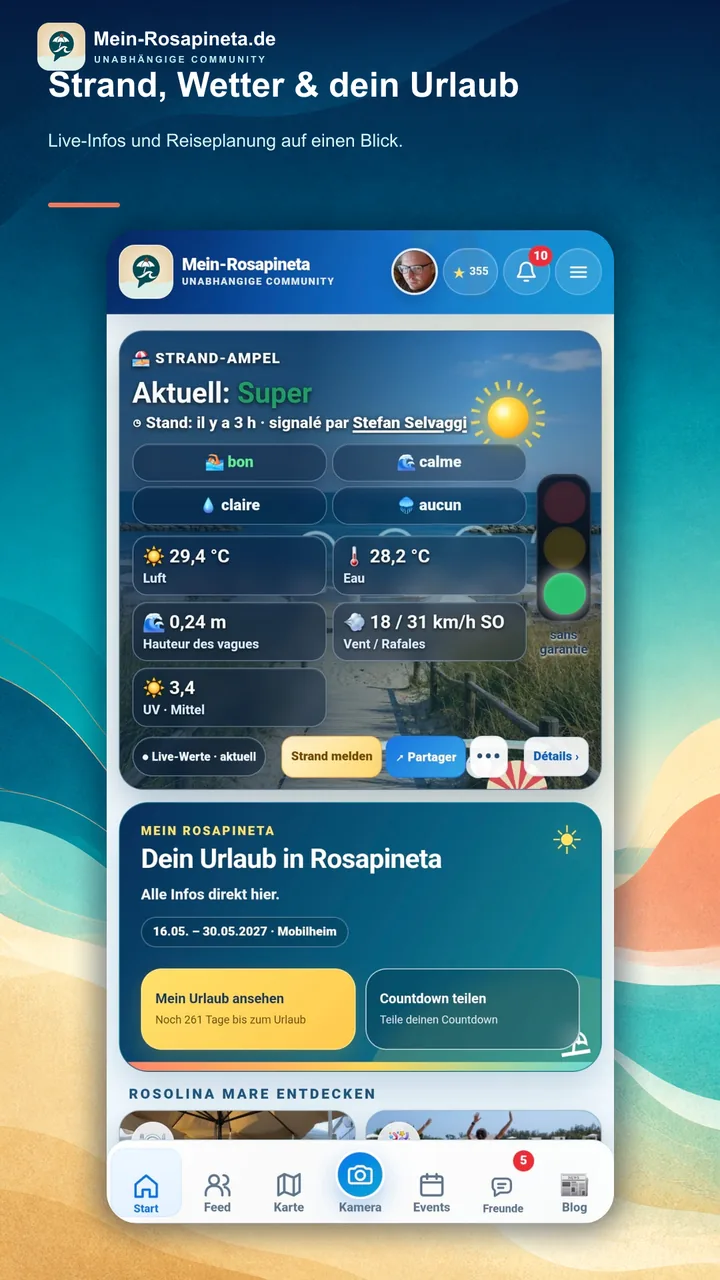 Beach status, weather and holiday overview in the Mein-Rosapineta app