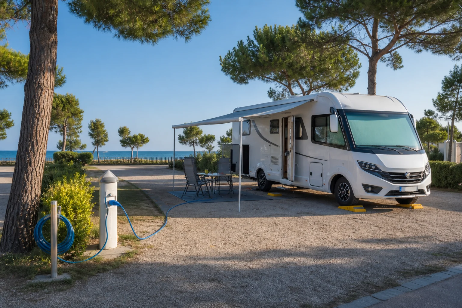 Wohnmobil auf einem versorgten Stellplatz in einer Pineta nahe dem Meer
