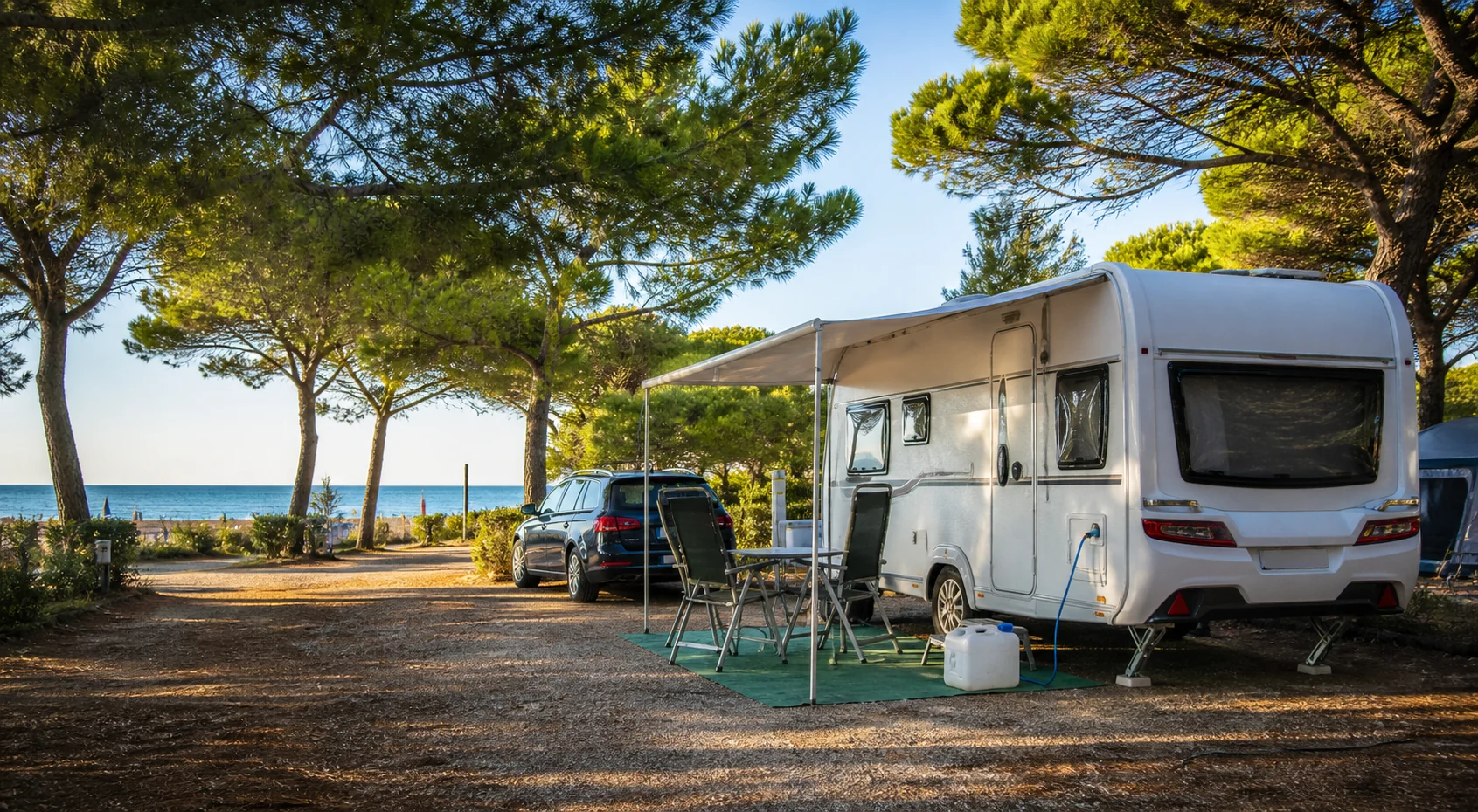 Wohnwagen mit Vorzelt auf einem Stellplatz in einer Pineta nahe dem Meer