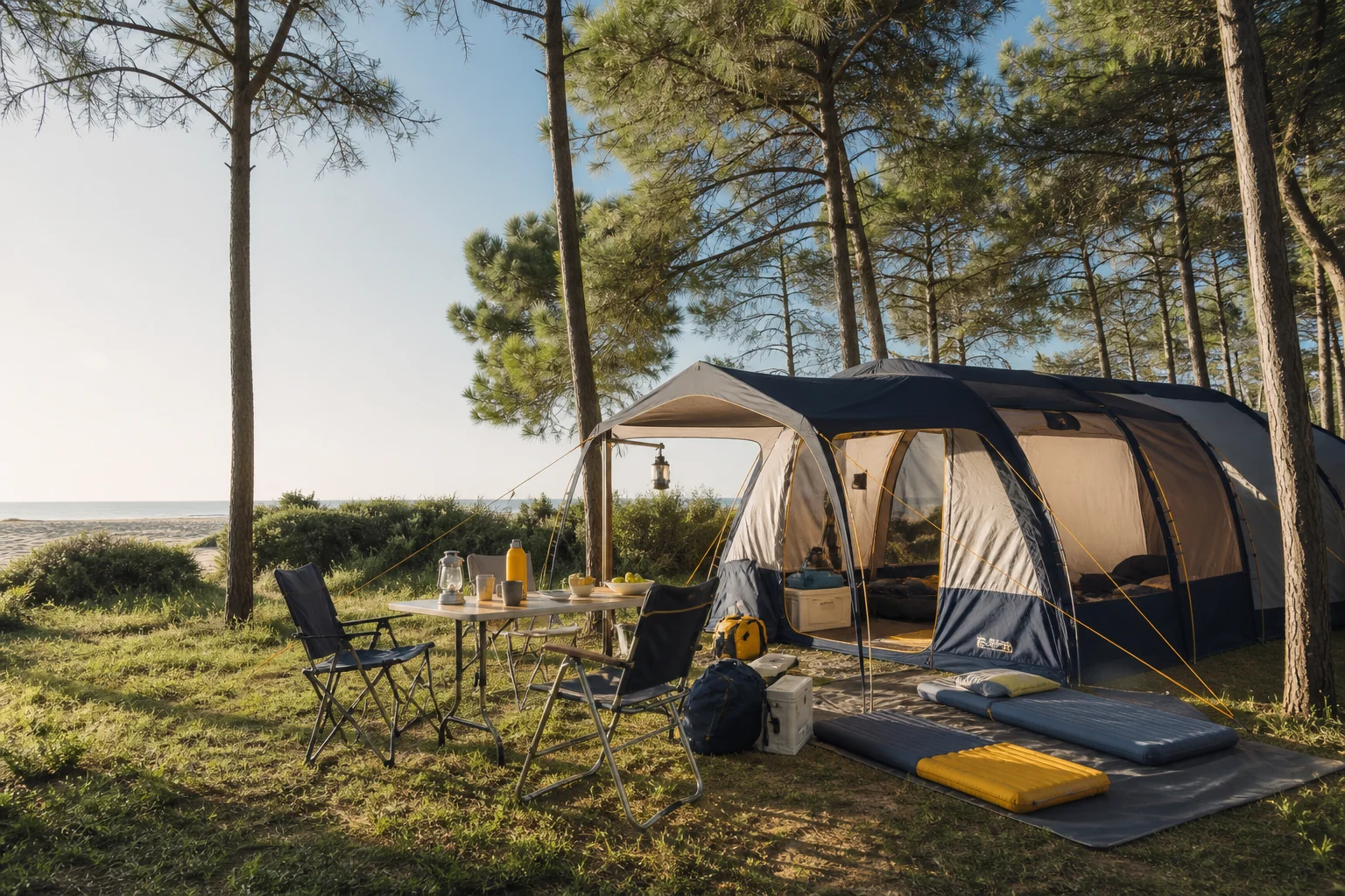 Familienzelt mit Campingausrüstung in einer Pineta nahe dem Meer